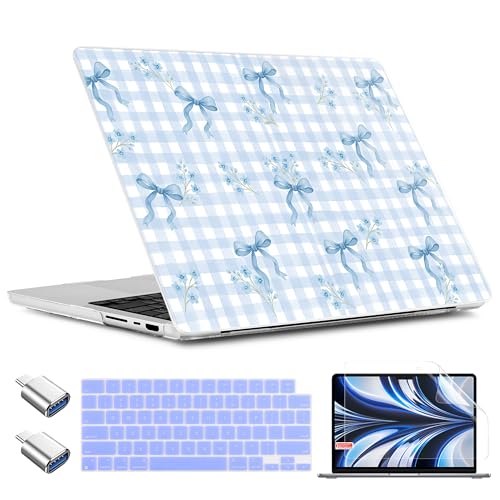 TWOLSKOO Compatible with MacBook Pro 14 inch Case M5 2026 2025-2021 Release M4 M3 M2 M1 Pro/Max Chip, Plastic Hard Shell & Keyboard Cover & USB C to USB Adapter & Screen Film, Blue Gingham Bow - color: Blue Gingham Bow