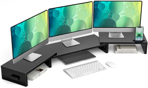 BONTEC Triple Monitor Stand Riser with Smartphone Holder, Adjustable Length & Swivel Angle, Ergonomic Wooden Desktop Organizer for PC Monitor, Laptop, Printer, Large Storage, 53.3 in, Black - color: Black, size: 53.3 in