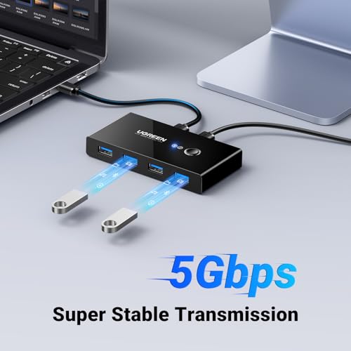 UGREEN USB 3.0 Switch Selector 2 Computers Share 4 USB Ports USB Switcher USB for PC Laptop Keyboard Mouse Printer Scanner One Button Switch Adapter with 2 Pack USB 3.0 Cables