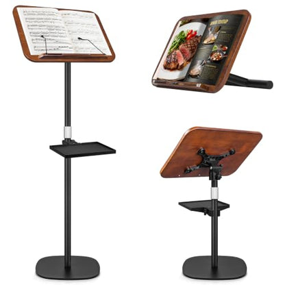 2 in 1 Dual-use Music Stand & Desktop Book Stand, Adjustable Height 16.5"-51", 100% Solid Wood Laptop Floor Stand Book Holder with Elastic Page Clips for Cookbooks (Black Walnut with Tray) - color: Black Walnut With Tray