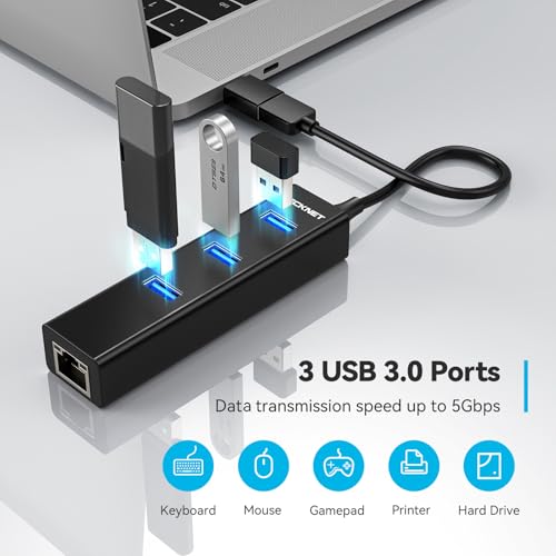 TECKNET USB C to Ethernet, Gigabit Ethernet Adapter for Laptop, Plug & Play | LAN Wired Network Adapter, High-Speed 1Gbps & 3 USB 3.0 Hub, 5Gbps Transfer Speed, Driver-Free, 2-in-1 USB-A/C, Aluminum Case