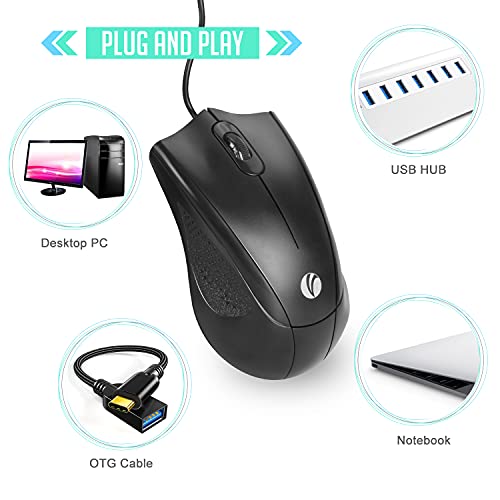 VCOM Wired USB Mouse with 6-Foot Cord, 1200 DPI, Right or Left Hand Use, Ergonomic Design, Black