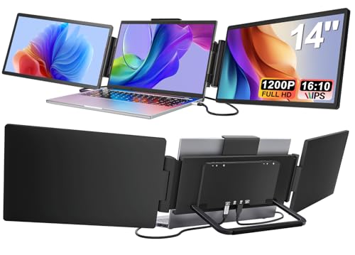 Laptop Screen Extender Monitor Portable, 14" 1200P Triple Screen Laptop Monitor Extender, 16:10 FHD IPS Laptop Monitor Extender Type-C/HDMI Plug & Play Laptop Extension for Mac/Wins/Android/Chrome