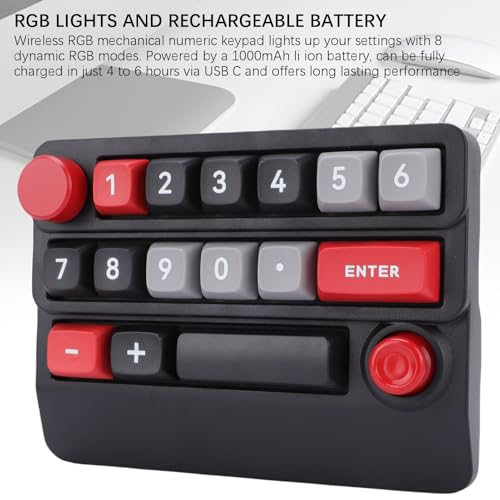 Asixxsix Number Pad, RGB 15 Keys Hot Swappable Wireless Numeric Keypad Macro Programmable Rechargeable Number Keypad with 3 Mode USB C 2.4G Bluetooth for Laptop Desktop Computer PC (Black Red) - color: Black Red