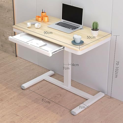 Over The Bed Table with Wheels and Drawer Artificial Board Bedside Table, Hand Crank Lift Computer Bedside Table, Mobile Study Bedside Table, for Home, Office(Yellow,90 * 50 * 70 cm) - color: Yellow, size: 90*50*70 cm