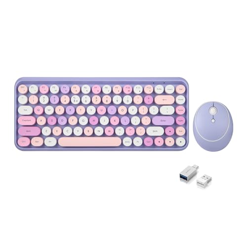 Perixx PERIDUO-713PP Wireless Mini Keyboard and Mouse Combo - Retro Round Key Caps - Pastel Purple - US English Layout (PD-713PPUS-11953) - color: Purple