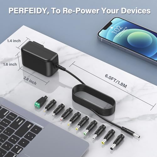 20V 1.5A 1A Charger Power Supply Adapter with 10 Interchangeable Jacks UL | Power Cord 20V 30W 20 Volt 1500mA 1000mA 800mA 500mA DC Adaptor PERFEIDY