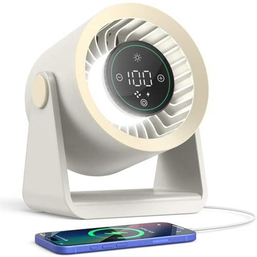 Ausic Powerful Desk Fan Rechargeable Battery Powered, 15200mAh Small Turbo Bedside Fans for Cooling and Sleep, Personal USB Fans With LED Light, Digital Display, 105° Tilt, 0-100% Speed - color: White