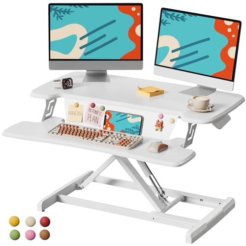 JOY worker Standing Desk Converter, 32" Height Adjustable Sit Stand Up Desk Riser with Keyboard Tray & 6 Fridge Magnets, Desktop Workstation Riser for Home Office Computer Laptop, White - color: White, size: 32 inches