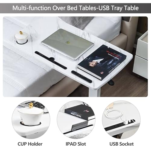 BeGyoku Overbed Table,Hospital Bed Table,Pneumatic Bed Tables Adjustable Over The Bed with Hidden Wheels&USB Port,Mobile Laptop Table Cart and Rolling Bedside Table with Tray Hospital Home Use-White - color: White-32" L X 16" W