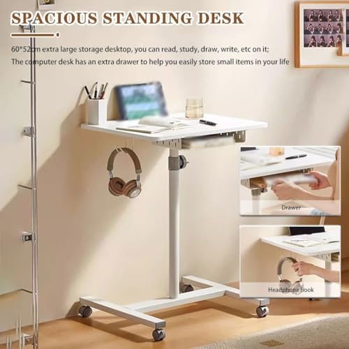Portable Bedside Table with Drawer, Standing Desk with Wheels, Height Adjustable Laptop Desk, Movable Sofa Side Table, Easy to Install(White) - color: White