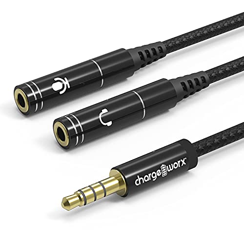 ChargeWorx 3.5mm Headphone and Mic Splitter Adapter, Gaming Headset Y Splitter Cable with Gold Plated Connectors, Audio and Microphone Jack Converter for PC, Laptop, Console and Smartphone