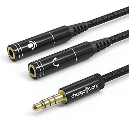 ChargeWorx 3.5mm Headphone and Mic Splitter Adapter, Gaming Headset Y Splitter Cable with Gold Plated Connectors, Audio and Microphone Jack Converter for PC, Laptop, Console and Smartphone