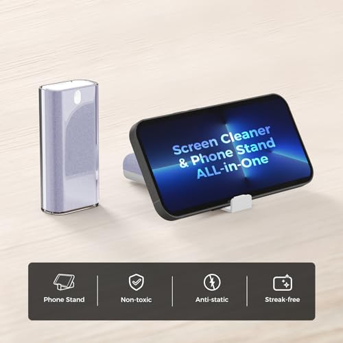 CLICK CLEAN Screen Cleaner with Pull-Out Stand & Microfiber, Purple | Fine Mist Spray, Streak-Free, Anti-Static, Removes Fingerprints & Smudges, Gentle Formula, For Phones, Laptop and Tablet - color: Purple