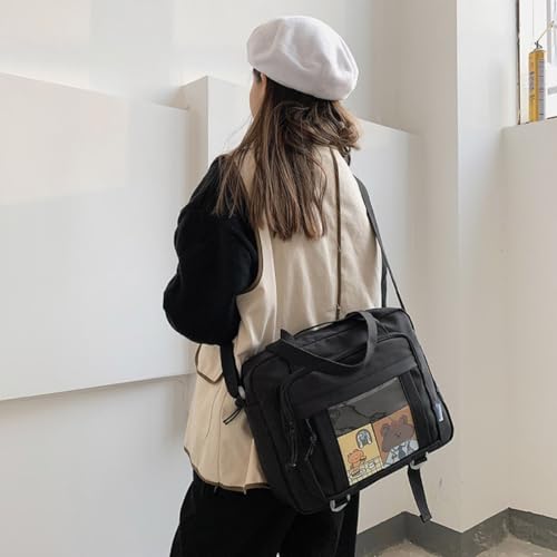 Kawaii Crossbody Ita Bag for Women with Pin & Plush Bear - Japanese Messenger Bags Y2K Shoulder Purse - color: C Max Black (Fits 15.6" Laptop)