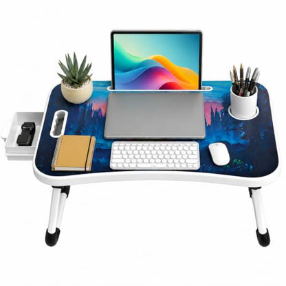 Laptop Bed Table with Foldable Legs & Cup Holder – Portable Lap Desk for Eating, Working, or Writing in Bed, on Sofa or Floor – Lightweight Standing Tray for Laptop, Breakfast, Tablet, Book