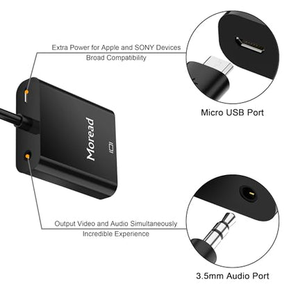 Moread HDMI to VGA with Audio, Gold-Plated Active HDMI to VGA Adapter (Male to Female) with Micro USB Power Cable & 3.5mm Audio Cable for PS4, MacBook Pro, Mac mini, Apple TV and More - Black