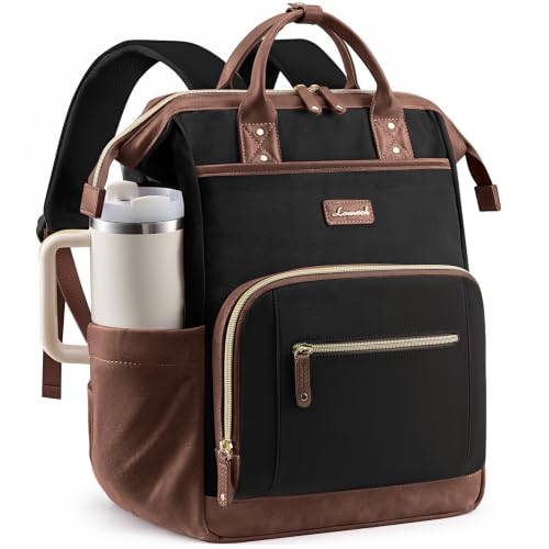 LOVEVOOK Laptop Backpack for Women with Giant Tumbler Holder,17 inch Professional Nurse Teacher Backpack Computer Laptop Bag,Cute Waterproof Travel Backpack Purse Work College Bag, Black-Brown - color: Black-brown, size: 17 Inch