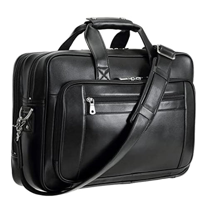Men's Solid Thick Full Grain Leather 17.3" Laptop Briefcase Classic Messenger Bag Fit Business Travel | Solid - color: Black