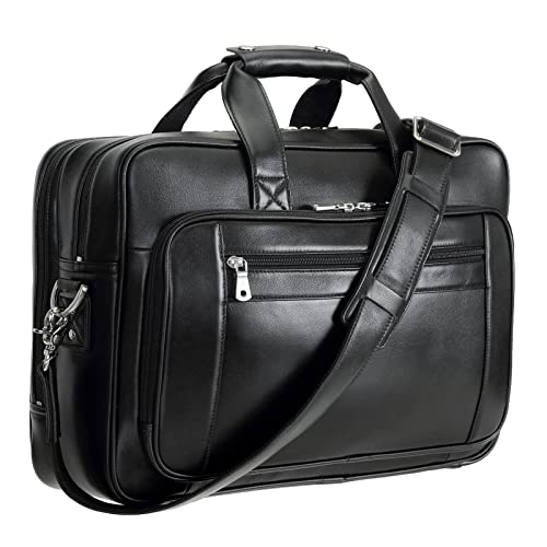 Men's Solid Thick Full Grain Leather 17.3" Laptop Briefcase Classic Messenger Bag Fit Business Travel | Solid - color: Black