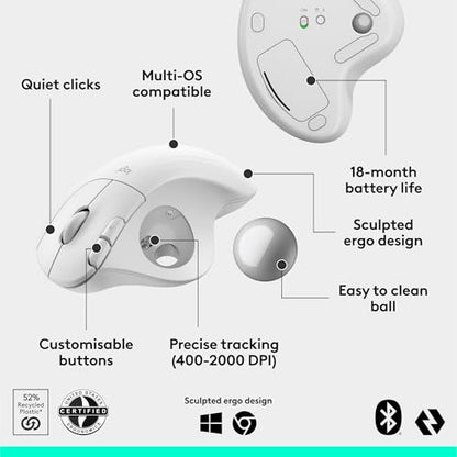 Logitech Ergo M575S Wireless Trackball Mouse- Off-White Silver Ball | Easy thumb control, precise and smooth tracking, Bluetooth and includes Logi Bolt USB receiver, PC Mac compatible - color: White + Silver Ball