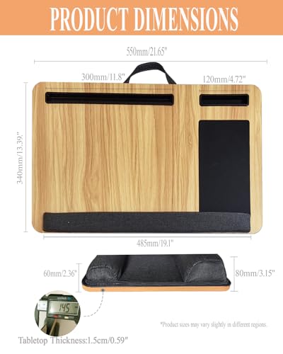 Lap Desk - Laptop Tray for Bed, Lapdesk with Cushion for Couch Sofa Fits up to 17.3” Laptop, Lap Table with Portable Handle,Self-Adhesive Mousepad with Foldable Metal Device Stand(Light Brown)