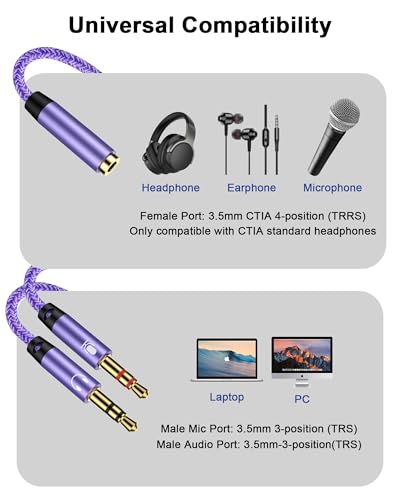 3.5mm Audio Splitter for Headphones and Microphone (Purple) | 3.5mm Female to 2 Male, Headset to PC Adapter, Y Splitter Cable Adaptor, Gaming & Office, PS5, Xbox, Switch, Laptop, Tablets