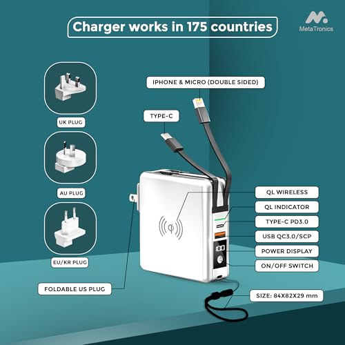 5-in-1 Travel Power Bank with Wall Plug — 10000mAh MagSafe Wireless Portable Charger with Built-in USB-C & Lightning Cables + Universal International Travel Adapter (US/Asia/Europe/Asia) | 5-in-1 Charger with USB-C, Global Travel Adapter, Built-In Chargin