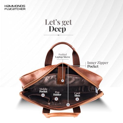 HAMMONDS FLYCATCHER Genuine Leather Laptop Bag for Men, Padded 15.6" Laptop Sleeve, Leather Messenger Bag for Men Briefcases - color: Metallic Tan