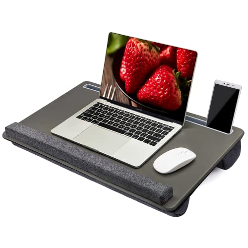 Extra Large Lap Laptop Desk - Full PU Material Mouse Pad Gaming Tray - Portable LapDesk with Phone Holder & Wrist Rest for Notebook, MacBook, Tablet, Bed, Sofa(Gray, Fit Up 17.3-in Laptops) - color: Gray