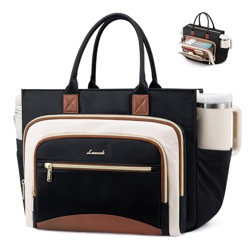LOVEVOOK Work Tote Bags for Women,Laptop Teacher Bag With File Organizer | Large Cup Holder,Teacher Tote Bag,Nurse Bags,Multi-Pockets Professional Briefcase Business Purses Handbag - color: Black-white-brown, size: 15.6 inch