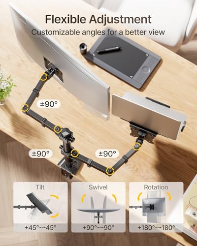 monTEK Monitor and Laptop Stand for 32" Screen and 17" Laptop | 2-in-1 desk mount holds 22 lbs, with height adjustment, tilt, swivel, clamp/grommet bases and VESA 75/100