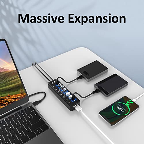 USB Hub 3.0 Powered, 7 Ports USB Data Hub Splitter with One Smart Charging Port and 5V/4A Powered Adapter and ON/Off Switches for MacBook, Mac Pro/Mini, iMac, Surface Pro Laptop/PC - color: black