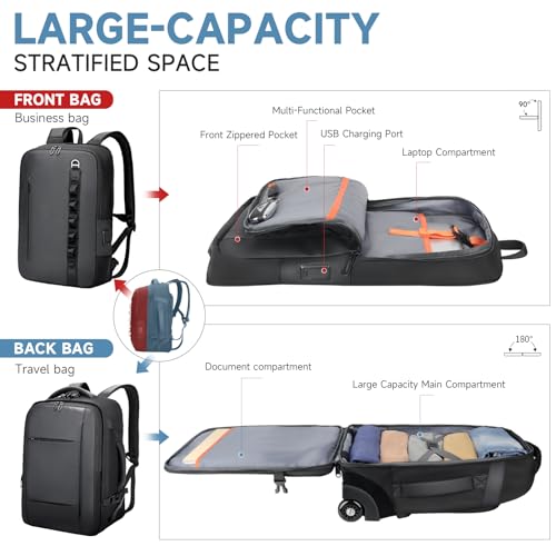 Travel Rolling Backpack,3 in 1 Carry on Backpack Flight Approved,Waterproof Personal Item Bag with Detachable Backpack,Extra Luggage Backpack 50L for Work Teacher College,Black