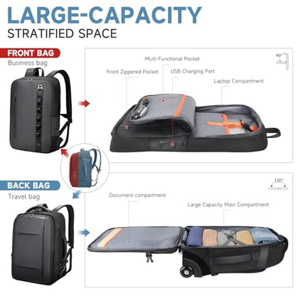 Travel Rolling Backpack,3 in 1 Carry on Backpack Flight Approved,Waterproof Personal Item Bag with Detachable Backpack,Extra Luggage Backpack 50L for Work Teacher College,Black
