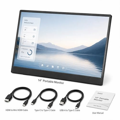 Portable Monitor 14 Inch 1920x1200 16:10 IPS Laptop Screen Extender, HDR FreeSync USB-C HDMI Travel Monitor with Built-in Stand & Dual Speakers for Mac Laptop PC - size: 14inch 1200p