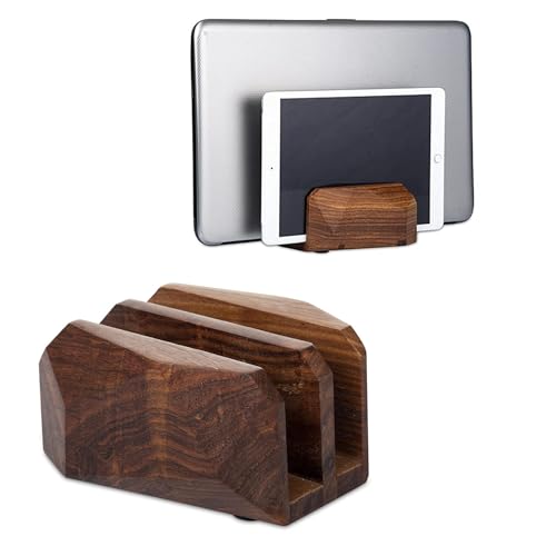 Premium Vertical Laptop Stand – Wooden Dock Compatible MacBook & Laptops | Dual Dock Slot | Ergonomic Desktop Holder & Space-Saving Office Desk Accessory (Indian Rosewood)