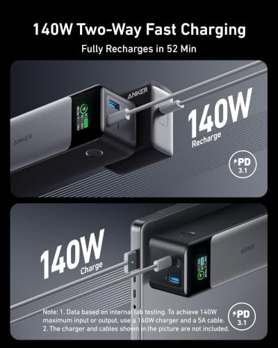 Anker 737 Power Bank, 140W 24,000mAh 3-Port Laptop Charger, Smart Display | Fast Multi-Device Charging, for iPhone 16 / 15 / 14 Series, Vision Pro, Samsung, MacBook, and More