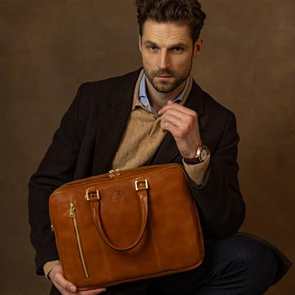 Time Resistance Leather Laptop Briefcase - Full Grain Leather Computer Bag for Men and Women | Leather - color: Cognac