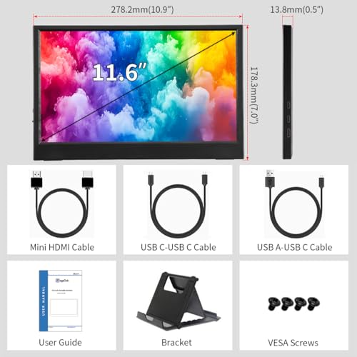 11.6 Inch Portable Monitor, 1366x768 HD IPS Small HDMI Display, Dual USB-C, Low Power External Screen for Laptop PC Mac Switch Rasp Pi Xbox, Lightweight Second Monitor with Stand - size: 11.6”
