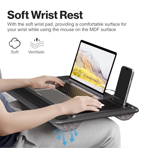 Portable Lap Desk Wood Laptop Tray with Cushion, Lightweight Laptop Stand for Bed Lap Tray with Built-in Mouse Pad, Wrist Rest, Phone Slot, Lap Stand for Sofa and Bed