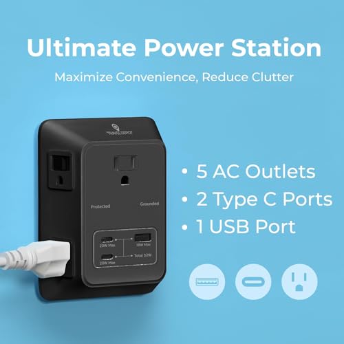 PD USB Wall Charger Surge Protector, 5 Outlet, (Black) | Extender 2 USB C & 1 USBA Charging Ports, Fast Charge 3 Sided Power Strip Multi Plug Outlets Wall Adapter for Home Office - color: Black