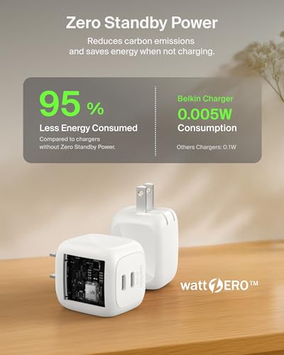Belkin 2-Port USB C Charger Block 50W, Dual-Port GaN Charger w/ 2X USB C Ports & Included 1M C-C Cable, Fast Charging for MacBook, iPhone, iPad, Chromebook, Galaxy, Pixel - Travel Essentials - White - style: Single Pack + USB-C Cable