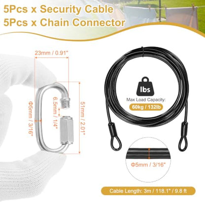 PATIKIL Security Cable Lock (3/16" Dia 9.8ft, Black)(5 Set) Vinyl Coated 304 Stainless Steel Double Loop Flexible Wire Rope Safety Cable with Quick Links Locking Connectors - color: Black, size: 3/16" x 9.8ft
