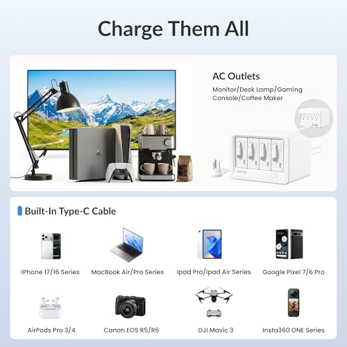 12-in-1 Desktop Modular Charging Station, 4 65W USB C Retractable Chargers with 33.5in Built-in Cables, ETL Surge Protector Charging Hub for Laptop, Phone, Tablet, Home Office Desk, White - color: White