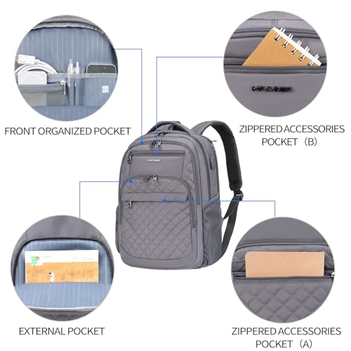 KROSER Travel Laptop Backpack 17 Inch Large Computer Backpack Water-Repellent Daypack with USB Charging Port & Headphone Interface RFID Pockets for Work/Business/College/Men/Women Dark grey(Quilted) - color: Quilted Dark Grey
