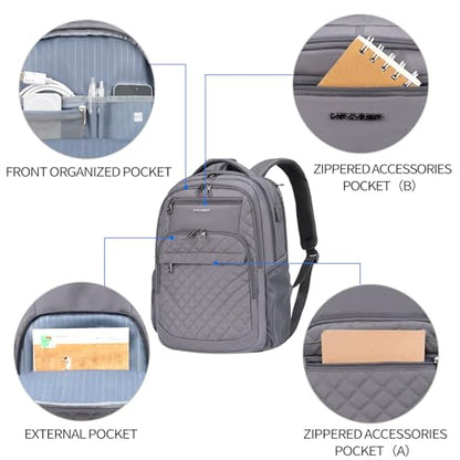 KROSER Travel Laptop Backpack 17 Inch Large Computer Backpack Water-Repellent Daypack with USB Charging Port & Headphone Interface RFID Pockets for Work/Business/College/Men/Women Dark grey(Quilted) - color: Quilted Dark Grey