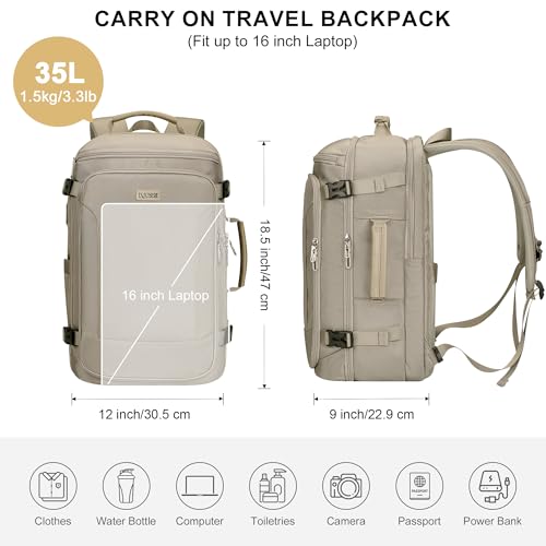 Travel Backpack Carry On Everyday Laptop Backpack Fits 16" Laptop | Flight Approved Luggage Backpack for Men Women, Suitcase-Style Main Pocket, Laptop Compartment, USB Port, for Travel, Daily - color: Khaki