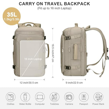 Travel Backpack Carry On Everyday Laptop Backpack Fits 16" Laptop | Flight Approved Luggage Backpack for Men Women, Suitcase-Style Main Pocket, Laptop Compartment, USB Port, for Travel, Daily - color: Khaki