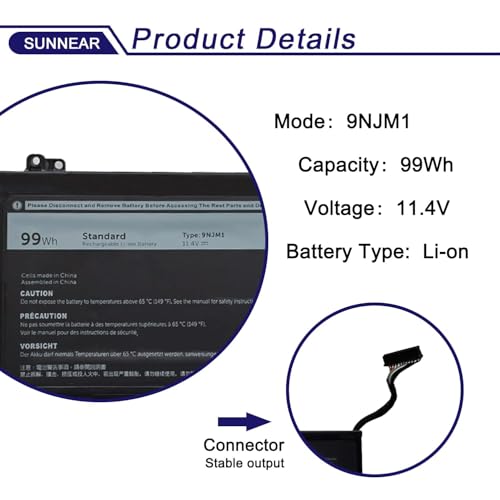 9NJM1 Laptop Battery for Dell Alienware 15 R3 R4 17 R4 R5 / ALW17C | 3-Cell 11.4V 99Wh 8820mAh; P/N: 0546FF 0HF250 44T2R HF250 MG2YH 0MG2YH - size: 11.42*4.13*0.55 inches 9NJM1